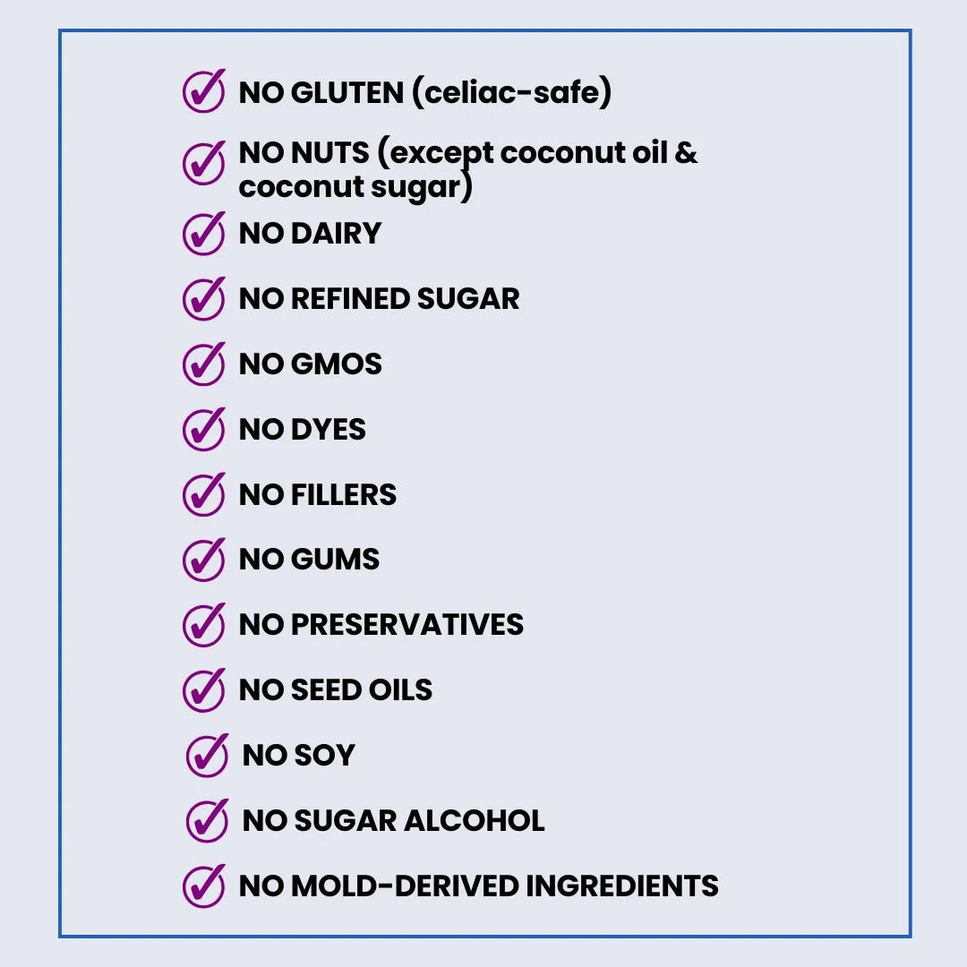 List of allergen-free product features on a light purple background