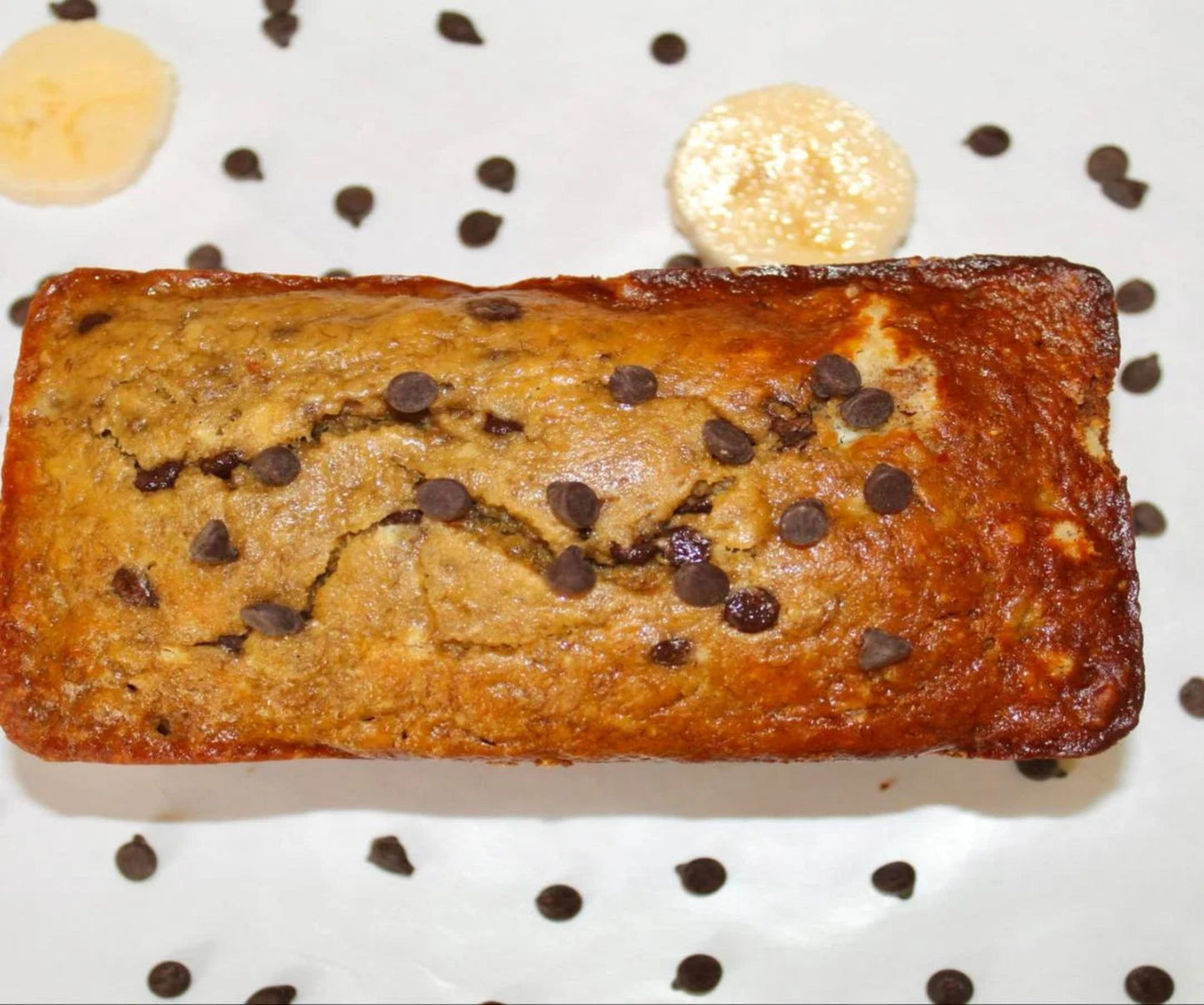 A photo of our allergy-friendly chocolate chip banana bread.