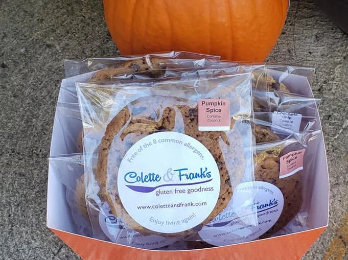 Box of gluten-free pumpkin spice cookies, and more.