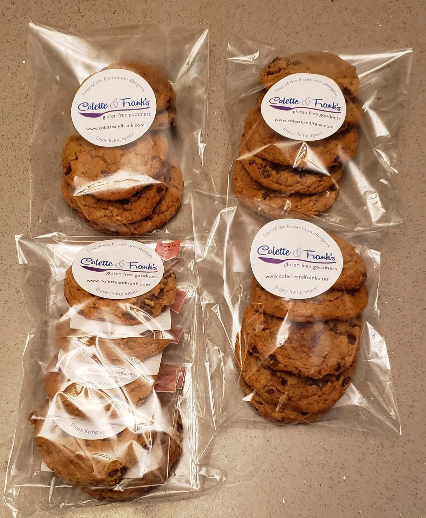 Four packages of Colette & Frank's cookies.