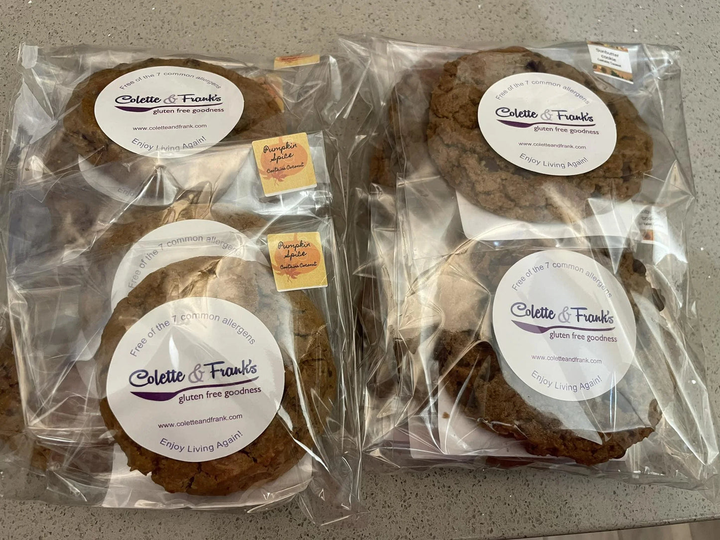 Packages of pumpkin spice and sunbutter cookies.