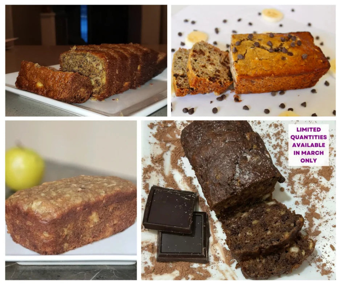 Colette & Frank's 4-Pack Mini Best Sellers Banana Bread in collage.