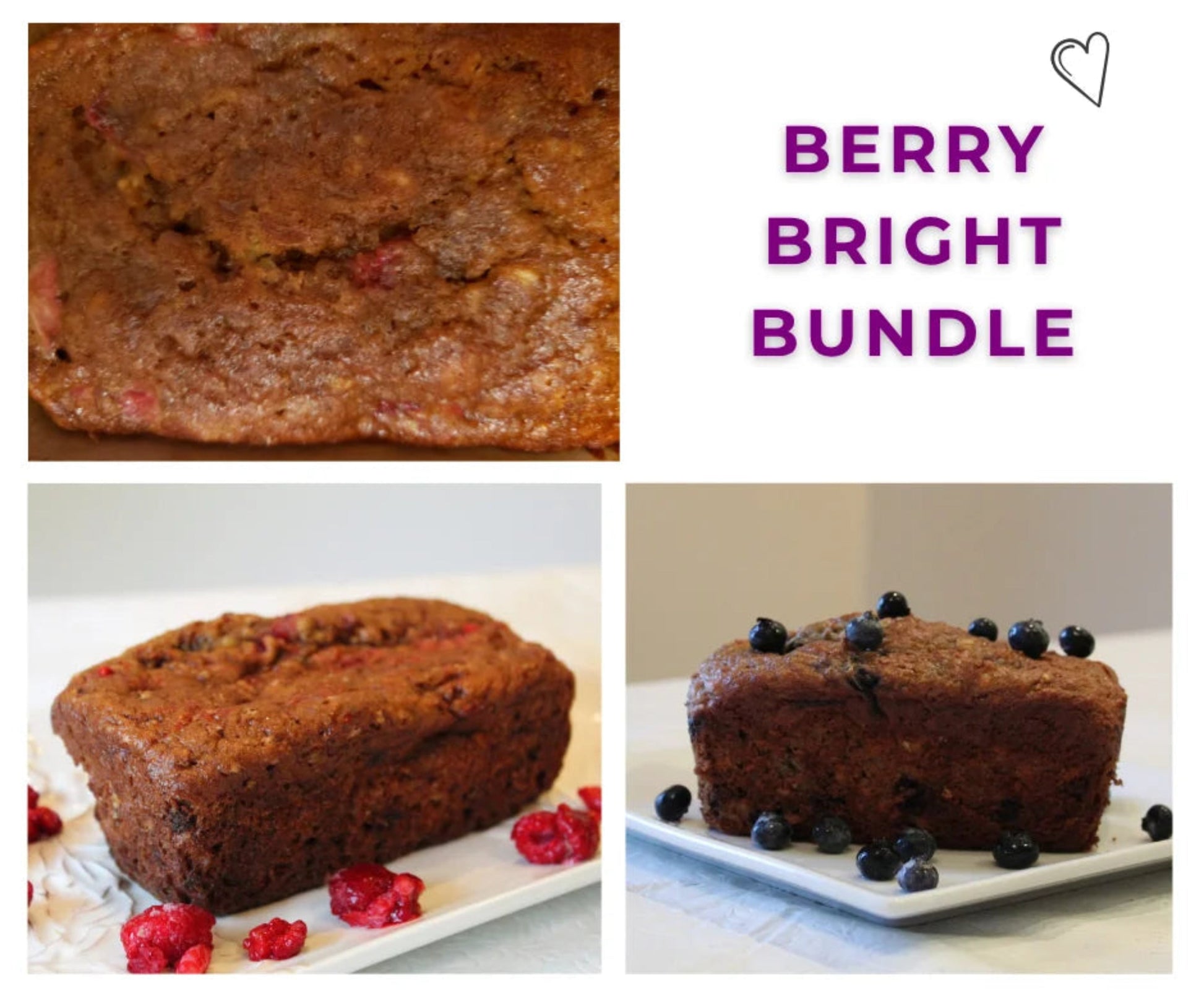Three images of mini loaves with 'Berry Bright Bundle' text.