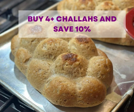 Loaves of challah bread on a baking tray with promotional text overlay.
