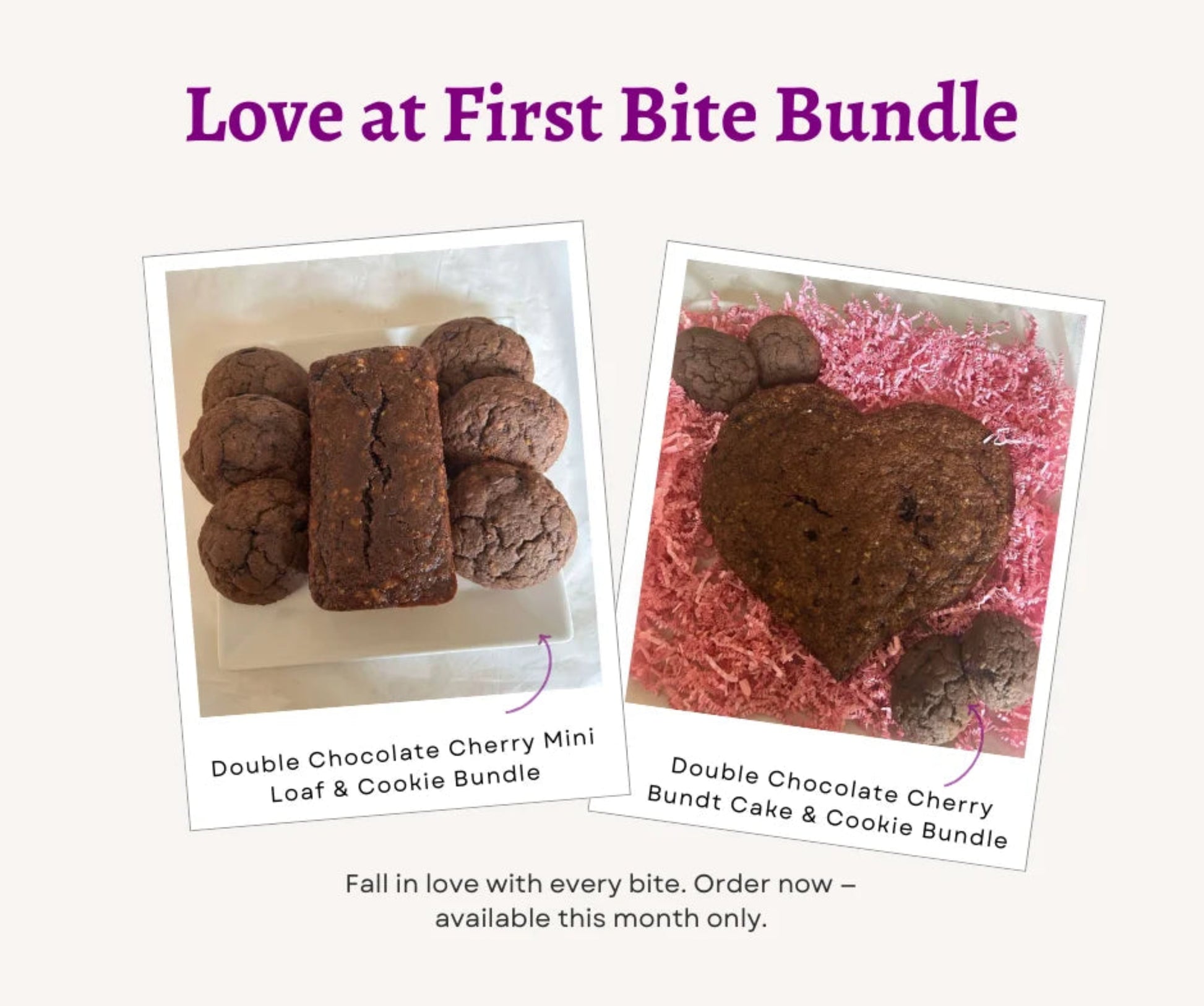 Promotional image of a 'Love at First Bite Bundle' with two types of dessert products.