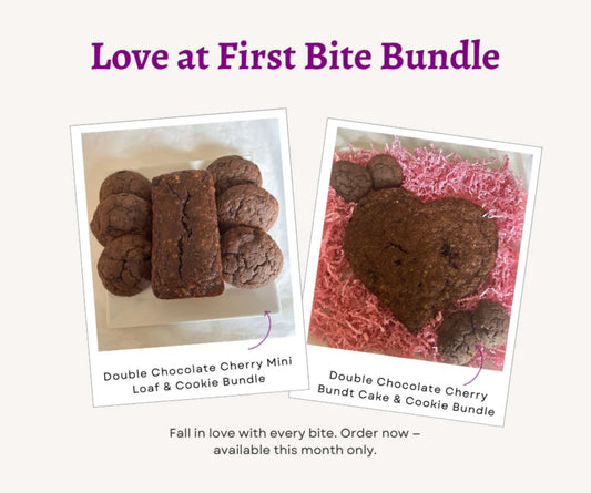 Promotional image of a 'Love at First Bite Bundle' with two types of dessert products.