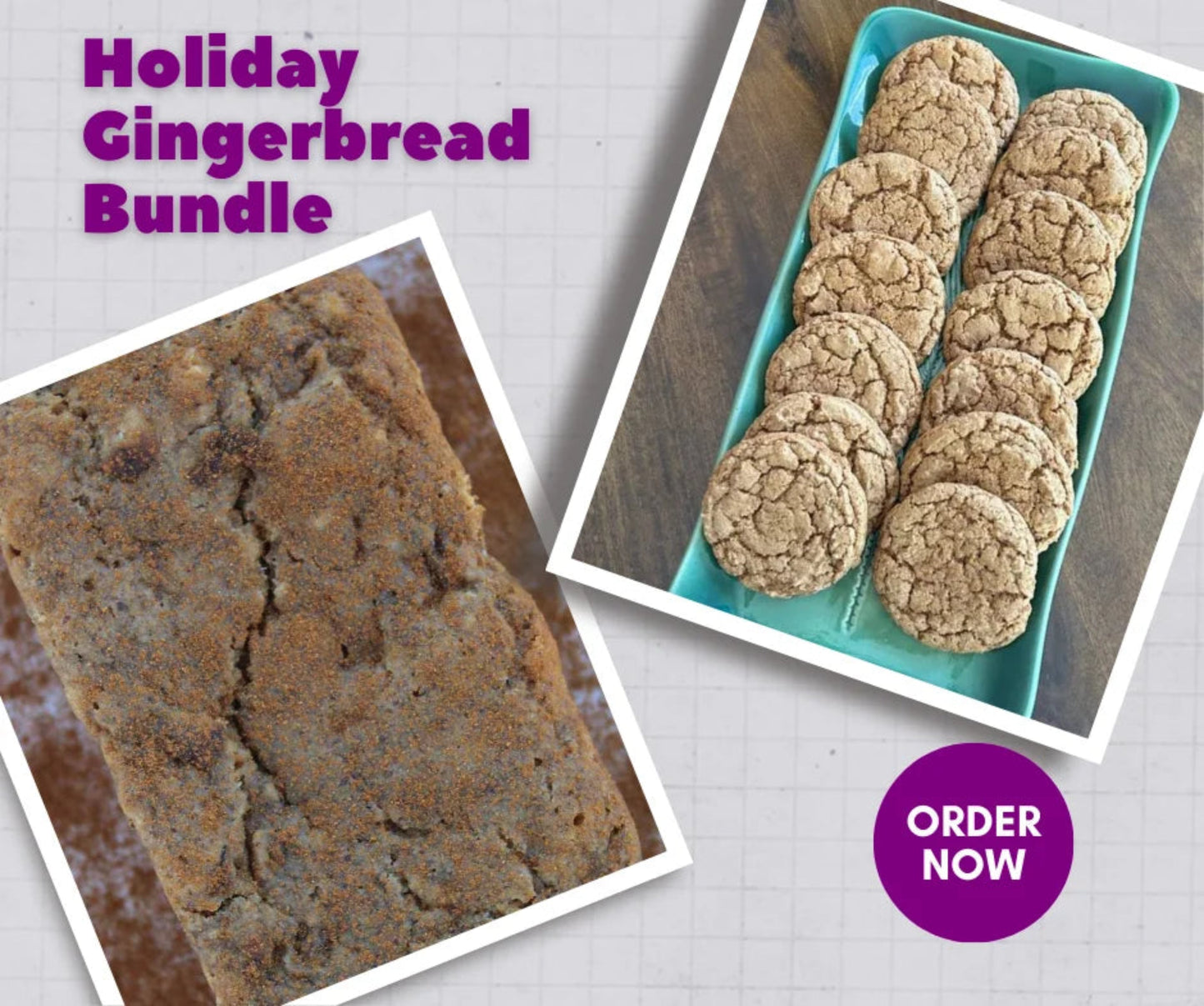Holiday Gingerbread Bundle with gingerbread loaf and cookies on a plate, order now button visible.