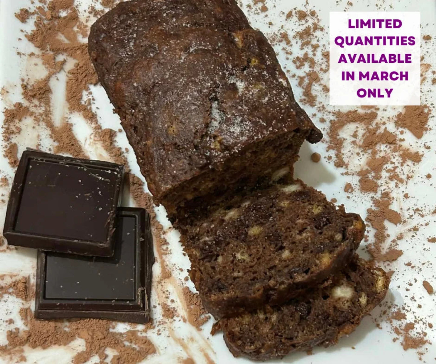 Salted Double Chocolate Banana Bread with slices indicating limited quantities available.