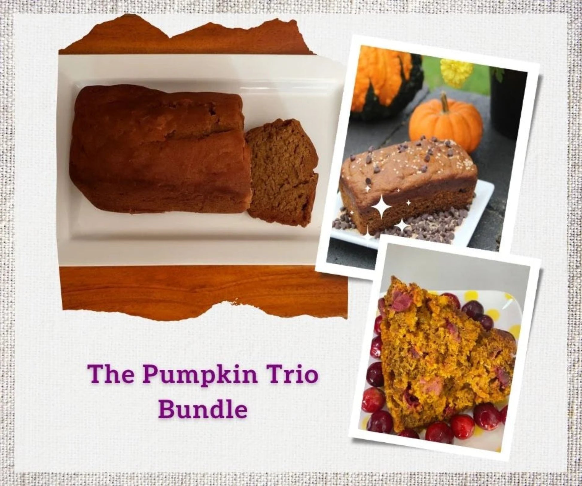 Autumn pumpkin breads on a cozy textured background.