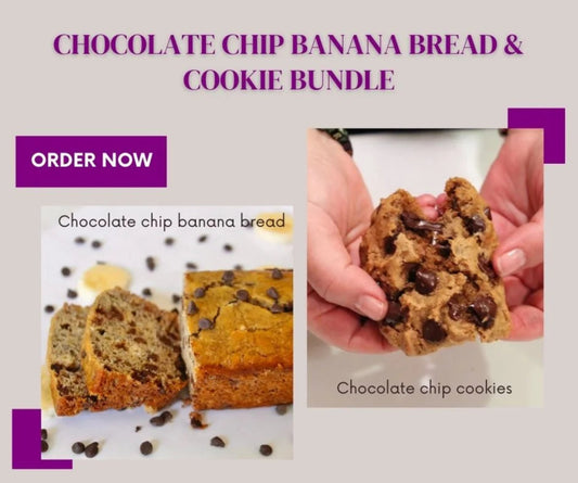 Promotional image of chocolate chip banana bread and cookies with text 'Chocolate Chip Banana Bread & Cookie Bundle' and 'Order Now'.