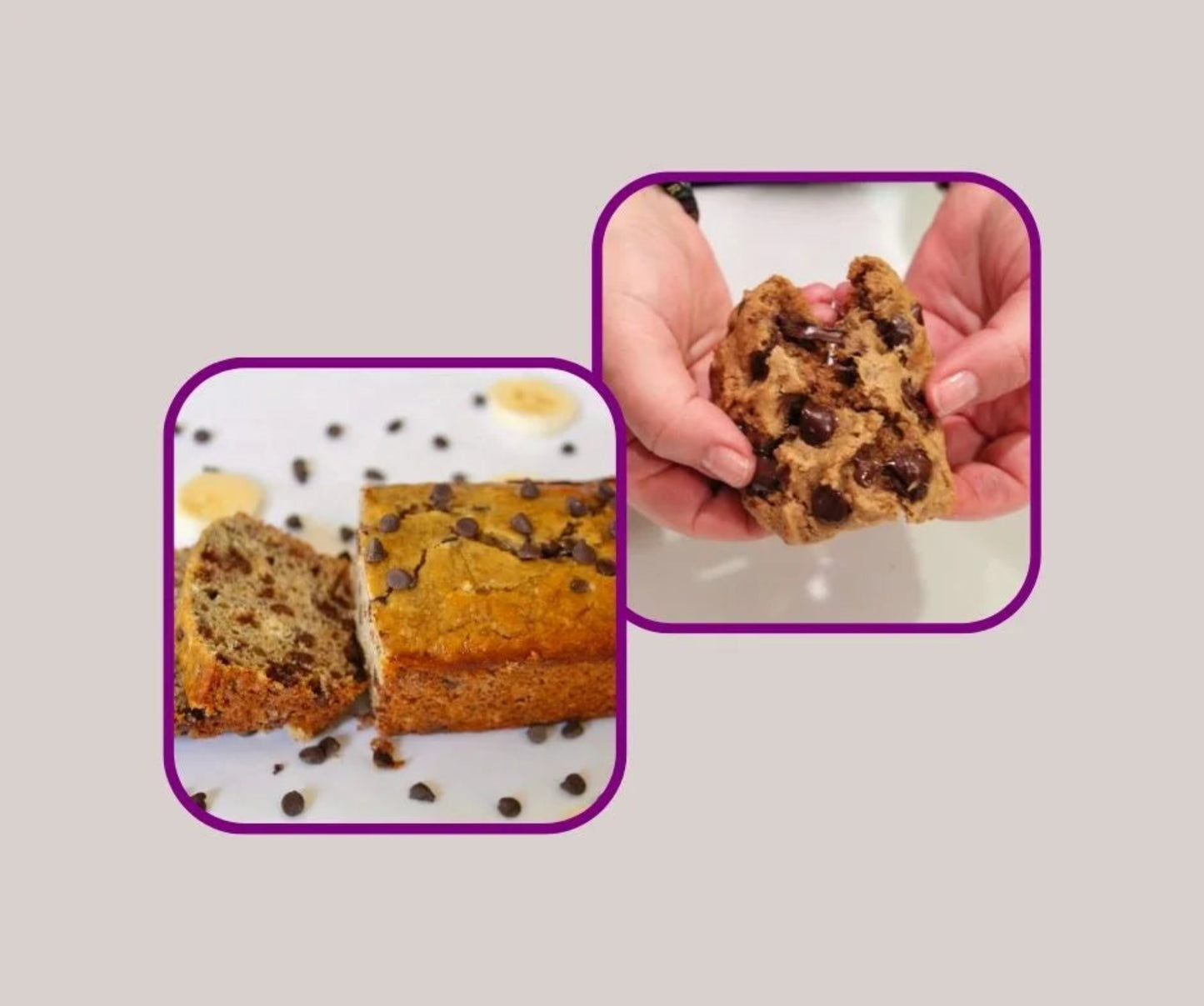 Chocolate chip bread with a close-up of a hand holding a piece, on a light gray background.
