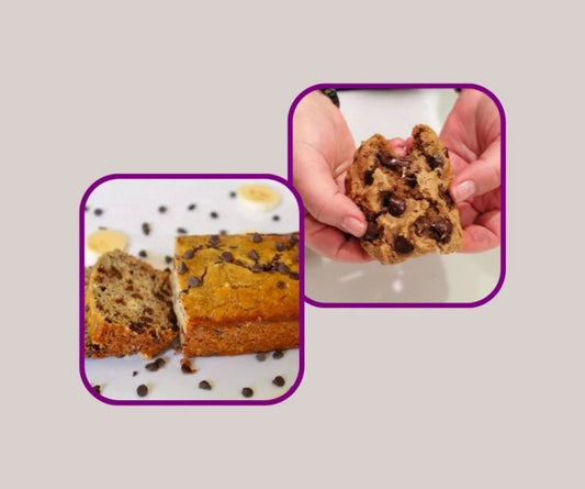 Chocolate chip bread with a close-up of a hand holding a piece, on a light gray background.